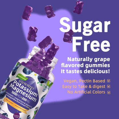 Potassium Magnesium Gummies - High Absorption Magnesium Glycinate, B6, D3, Potassium Citrate (Sugar-Free) Blueberry 60 Gummies