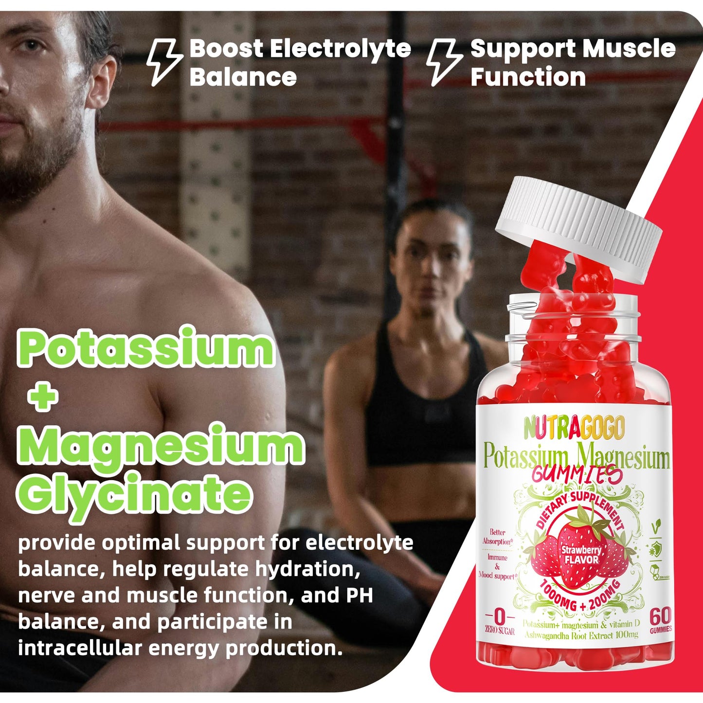 Potassium Magnesium Gummies with Ashwagandha – High Absorption Magnesium Glycinate, D3, B6 | Sugar-Free 120 Strawberry Chews
