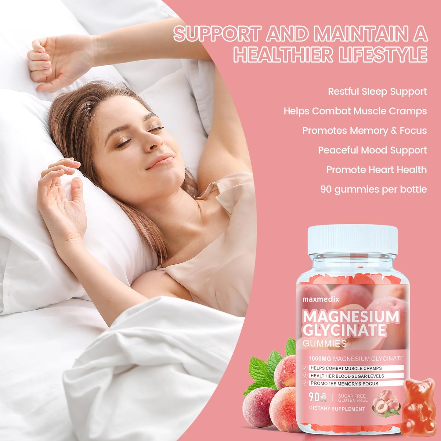 Magnesium Glycinate Gummies 1000mg – Sugar Free Potassium Magnesium Chewables for Sleep & Relaxation | 90 Peach Gummies