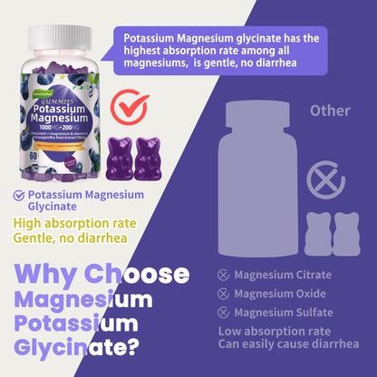 Potassium Magnesium Gummies - High Absorption Magnesium Glycinate, B6, D3, Potassium Citrate (Sugar-Free) Blueberry 60 Gummies