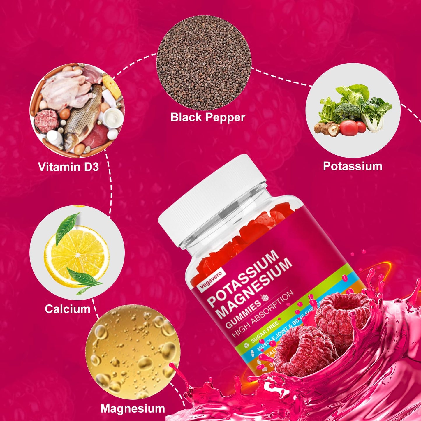 Potassium Magnesium Gummies - High Absorption Mg Glycinate & Potassium Citrate + CoQ10, DHA, D3