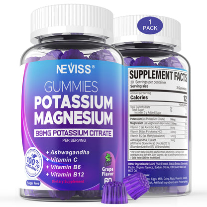 Potassium Magnesium Gummies – Ashwagandha, Magnesium Glycinate, B6 & B12, Potassium Citrate | Sugar-Free Electrolyte Gummies for Leg Cramps and Muscle (1 Pack)