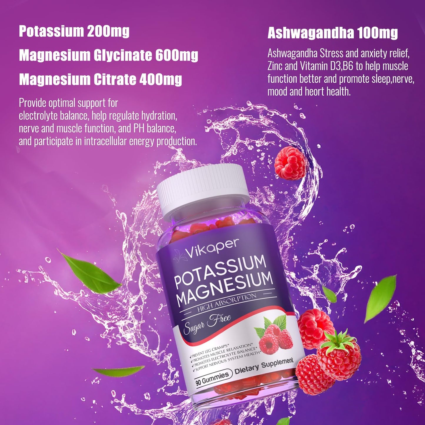 Potassium Magnesium Gummies 1200 mg for Adults | Sugar-Free High Absorption Magnesium Glycinate 180 Count