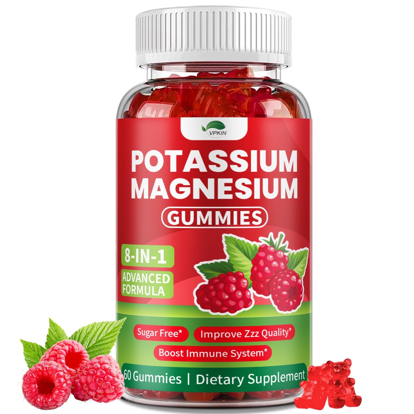 Potassium Magnesium Gummies Sugar Free | High Absorption for Adults & Kids (Raspberry, 60 Count)