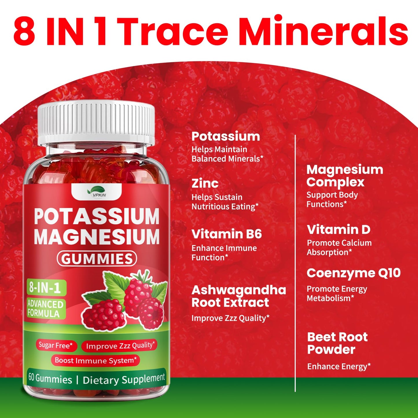 Potassium Magnesium Gummies Sugar Free | High Absorption for Adults & Kids (Raspberry, 60 Count)