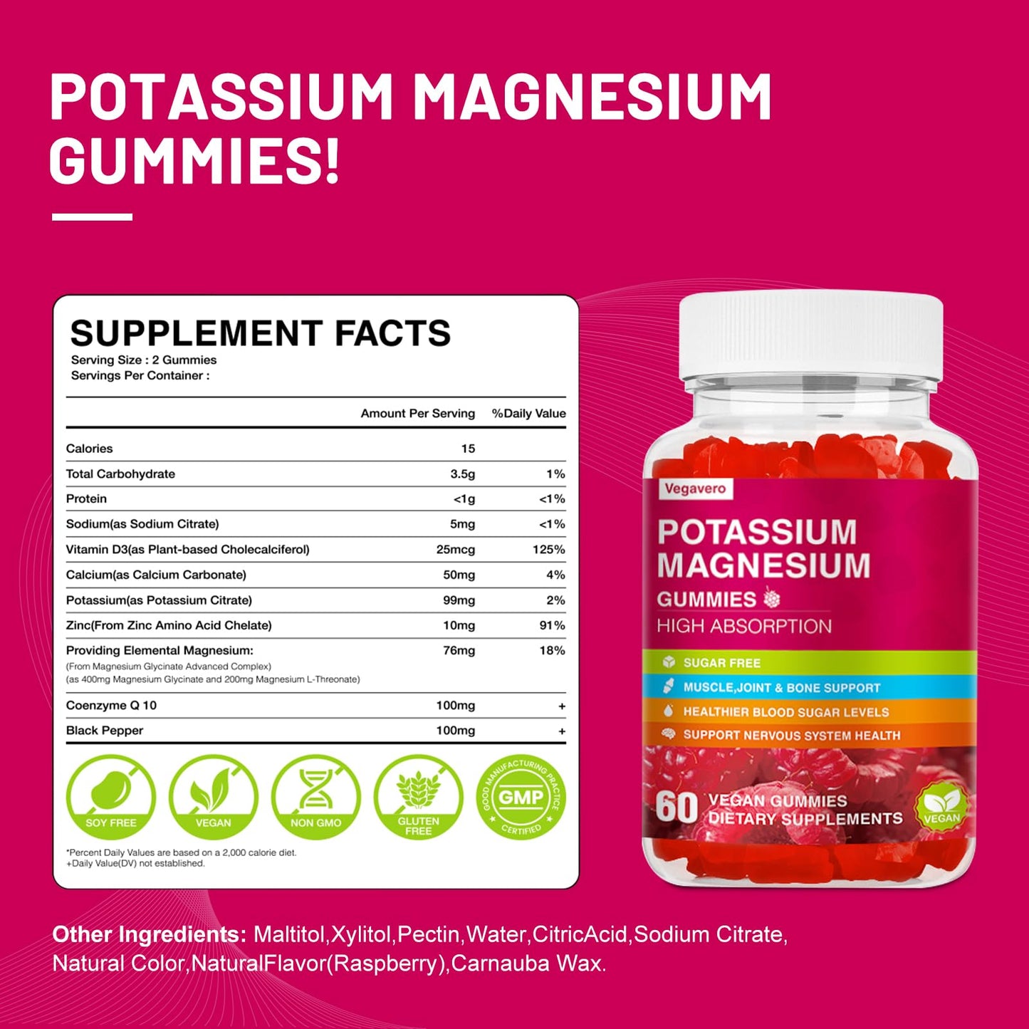 Potassium Magnesium Gummies - High Absorption Mg Glycinate & Potassium Citrate + CoQ10, DHA, D3