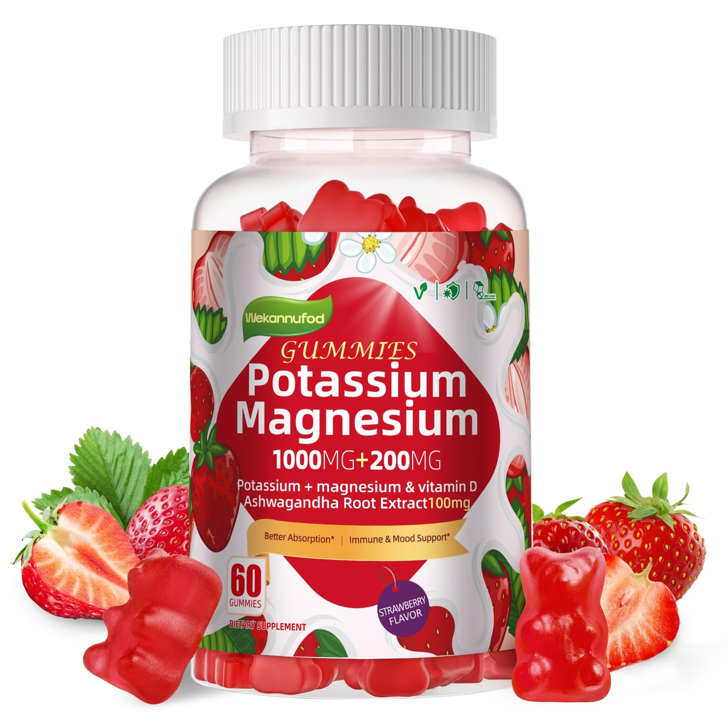 Potassium Magnesium Gummies – High Absorption Magnesium Glycinate, B6, D3, Potassium Citrate | Sugar-Free Strawberry Flavor, 60 Gummies