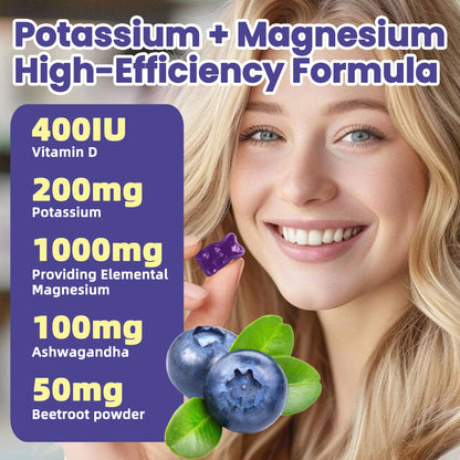 Potassium Magnesium Gummies - High Absorption Magnesium Glycinate, B6, D3, Potassium Citrate (Sugar-Free) Blueberry 60 Gummies
