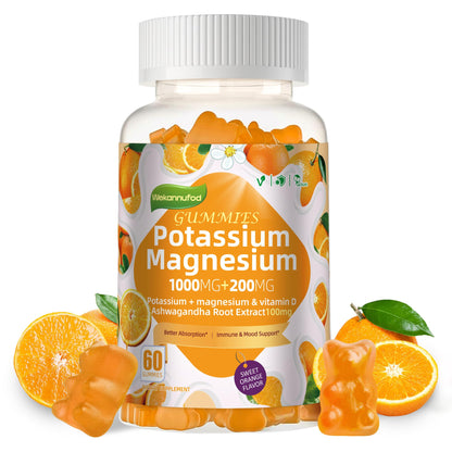 Potassium Magnesium Gummies — High Absorption Magnesium Glycinate, Vitamin D3 & B6 | Sugar-Free 60 Gummies (Sweet Orange)