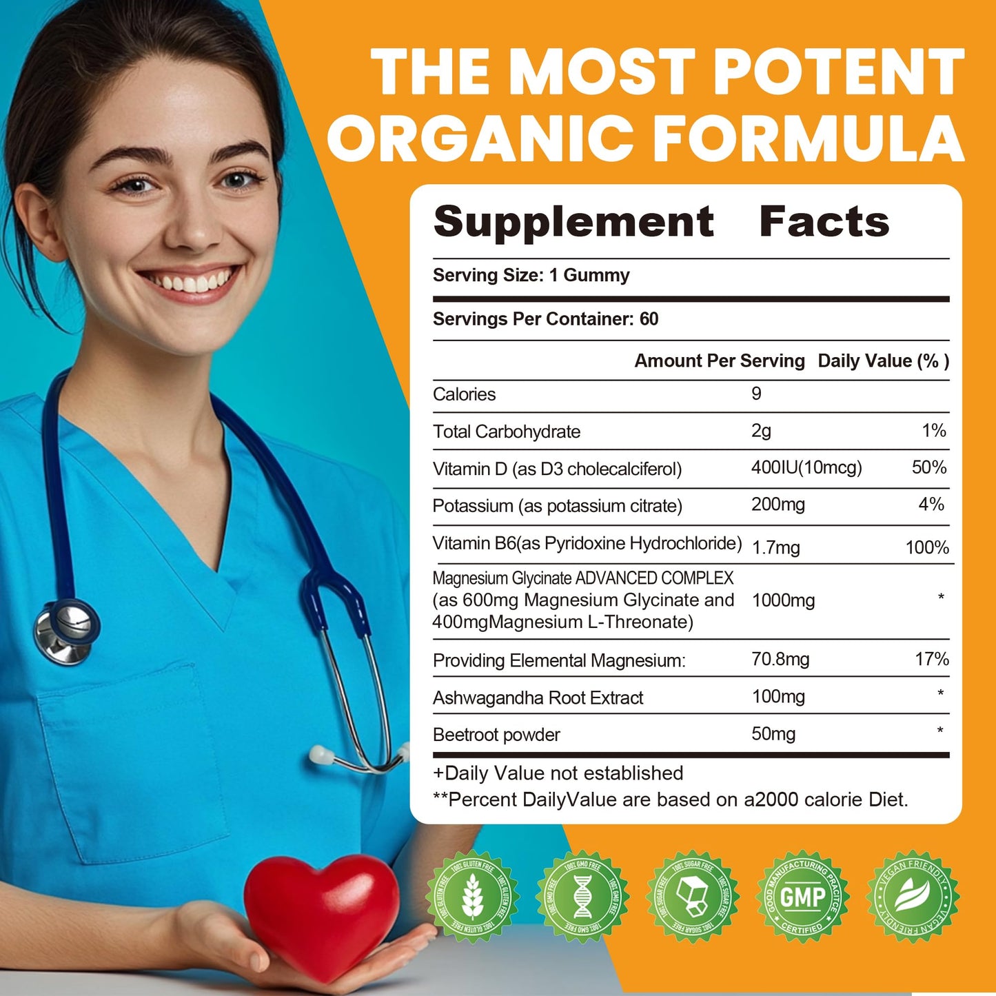 Potassium Magnesium Gummies — High Absorption Magnesium Glycinate, Vitamin D3 & B6 | Sugar-Free 60 Gummies (Sweet Orange)