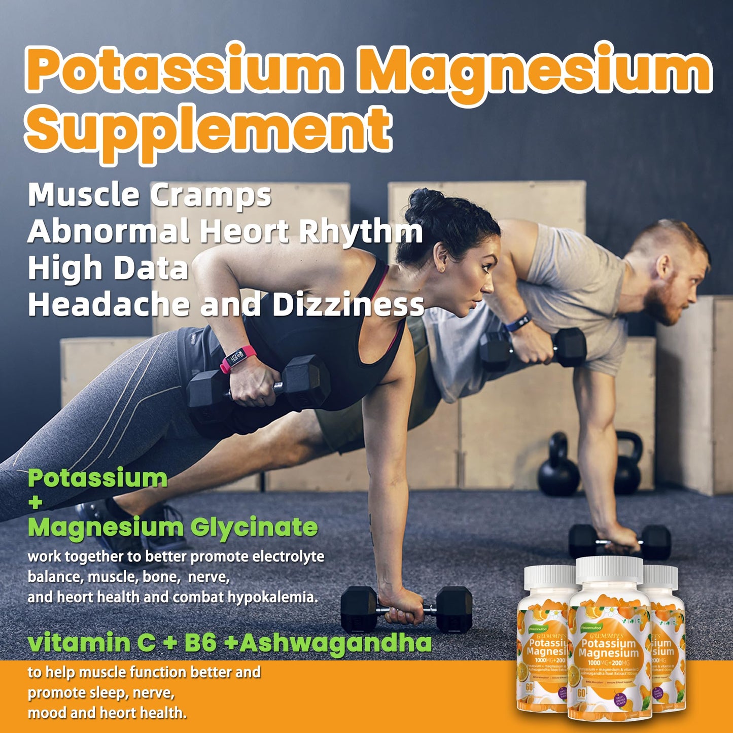 Potassium Magnesium Gummies — High Absorption Magnesium Glycinate, Vitamin D3 & B6 | Sugar-Free 60 Gummies (Sweet Orange)