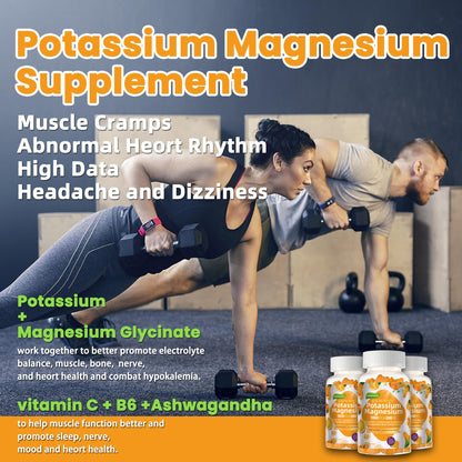 Potassium Magnesium Gummies — High Absorption Magnesium Glycinate, Vitamin D3 & B6 | Sugar-Free 60 Gummies (Sweet Orange)