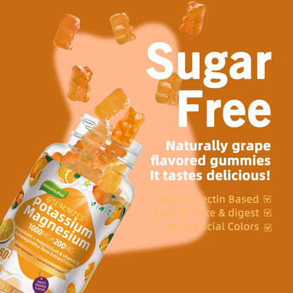 Potassium Magnesium Gummies — High Absorption Magnesium Glycinate, Vitamin D3 & B6 | Sugar-Free 60 Gummies (Sweet Orange)