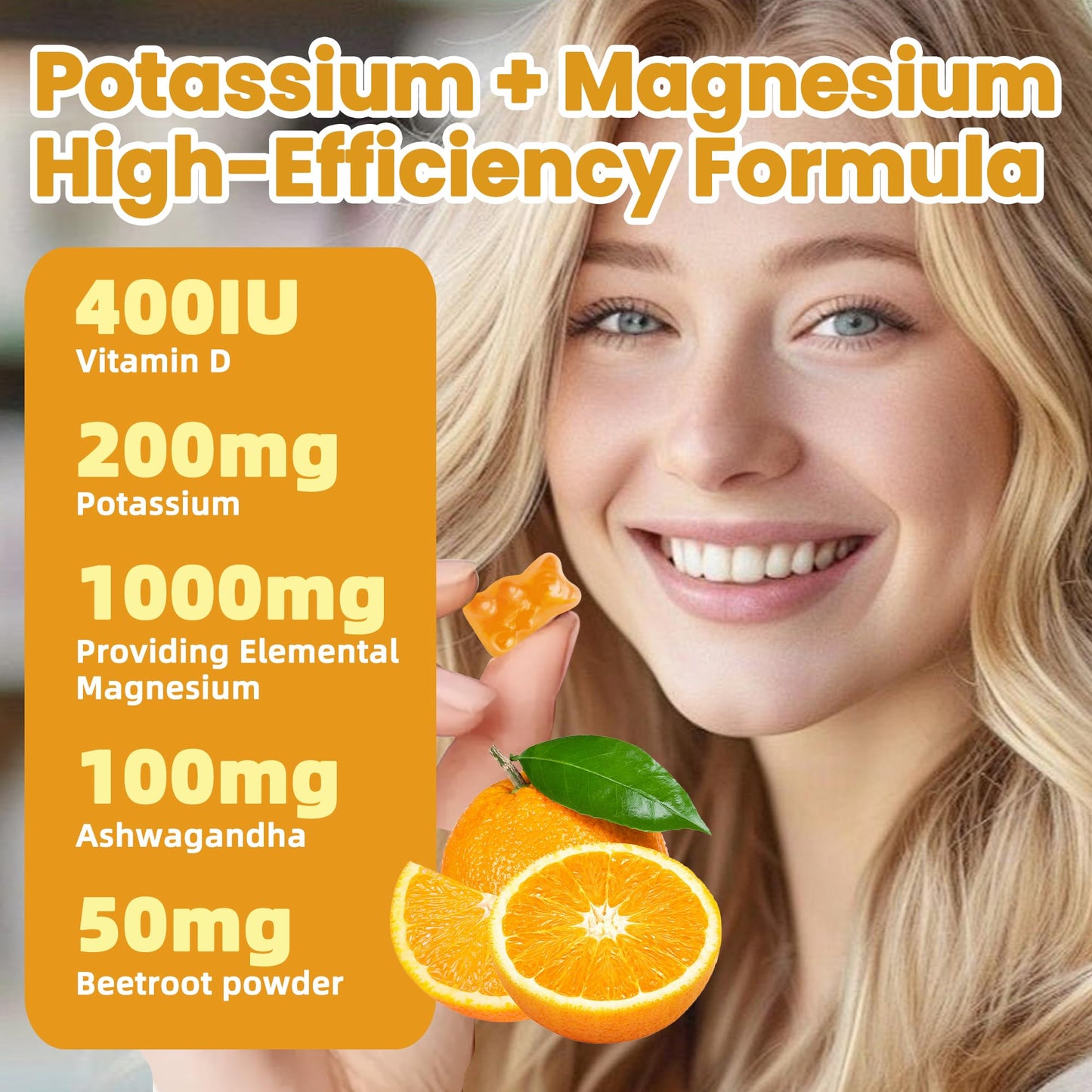 Potassium Magnesium Gummies — High Absorption Magnesium Glycinate, Vitamin D3 & B6 | Sugar-Free 60 Gummies (Sweet Orange)