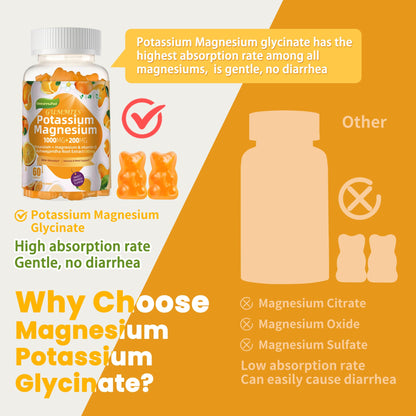 Potassium Magnesium Gummies — High Absorption Magnesium Glycinate, Vitamin D3 & B6 | Sugar-Free 60 Gummies (Sweet Orange)