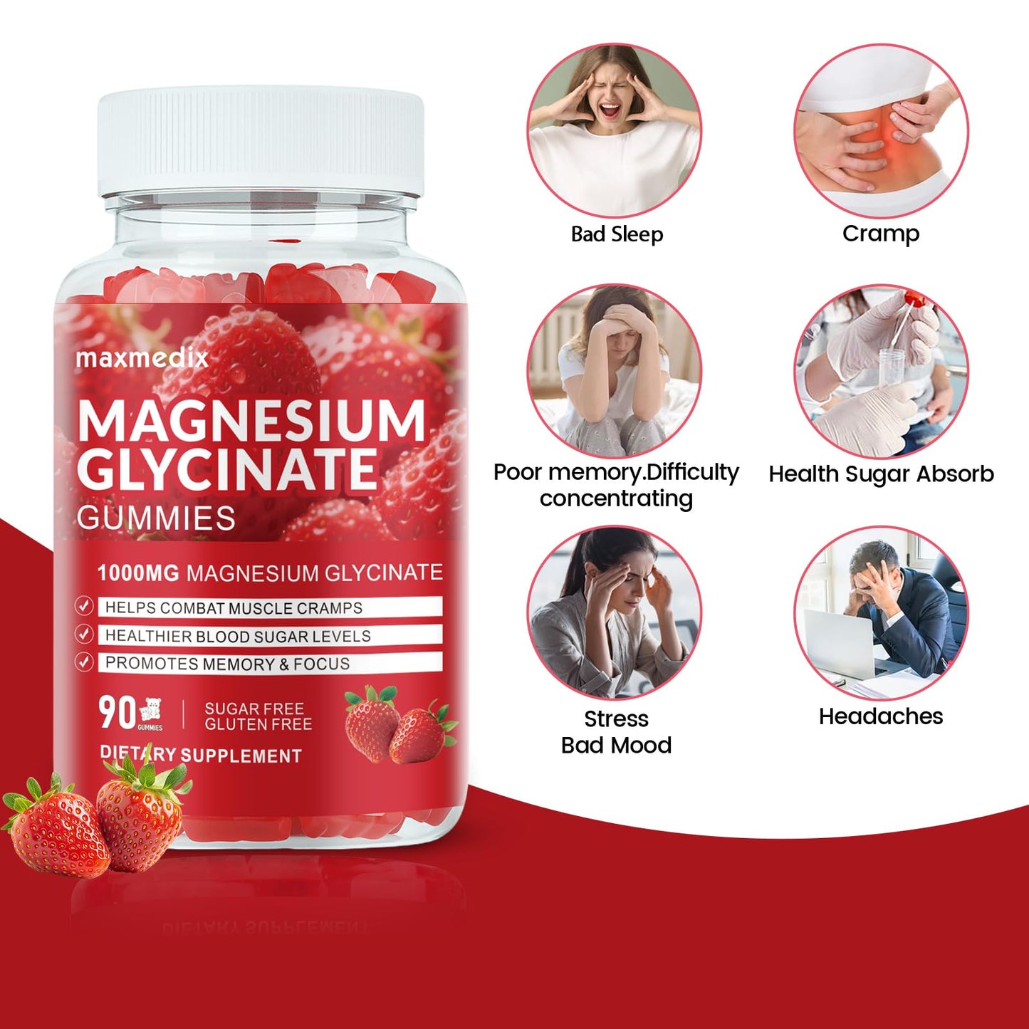 Magnesium Glycinate Gummies 1000mg – Sugar Free Sleep Support | 90 Strawberry Gummies