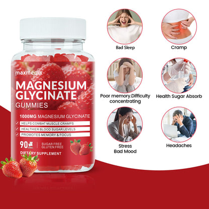 Magnesium Glycinate Gummies 1000mg – Sugar Free Sleep Support | 90 Strawberry Gummies