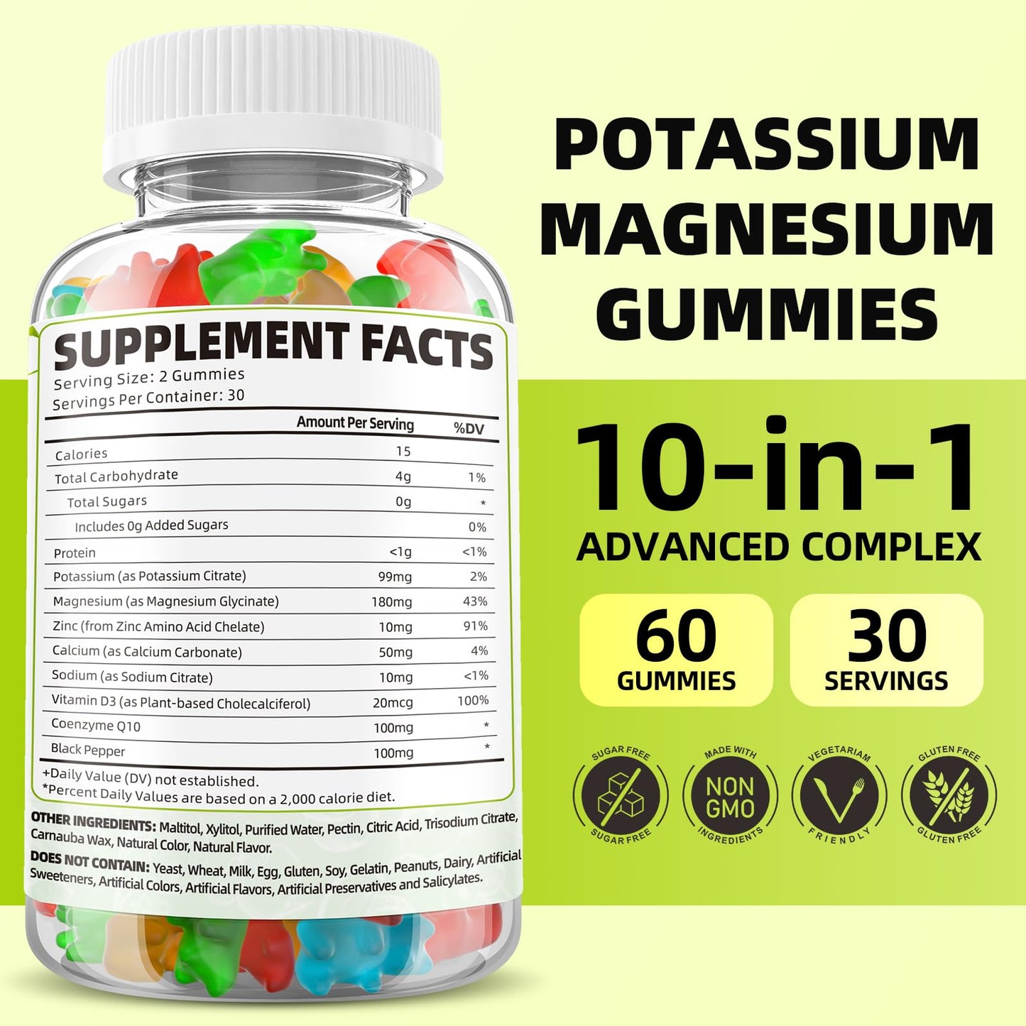 Potassium Magnesium Supplement Gummies – High Absorption Magnesium Glycinate, Sugar-Free & Vegan, 60 Count