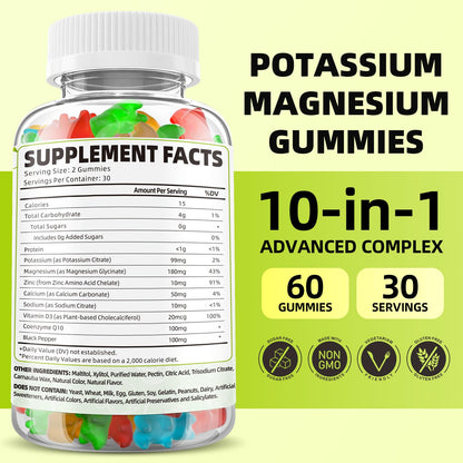 Potassium Magnesium Supplement Gummies – High Absorption Magnesium Glycinate, Sugar-Free & Vegan, 60 Count