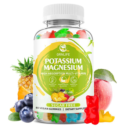 Potassium Magnesium Supplement Gummies – High Absorption Magnesium Glycinate, Sugar-Free & Vegan, 60 Count