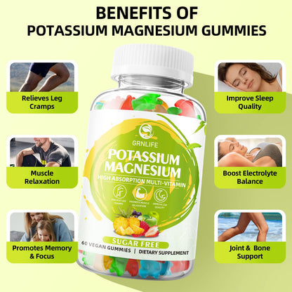 Potassium Magnesium Supplement Gummies – High Absorption Magnesium Glycinate, Sugar-Free & Vegan, 60 Count