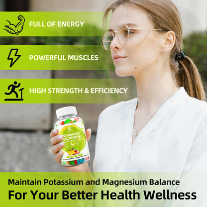 Potassium Magnesium Supplement Gummies – High Absorption Magnesium Glycinate, Sugar-Free & Vegan, 60 Count