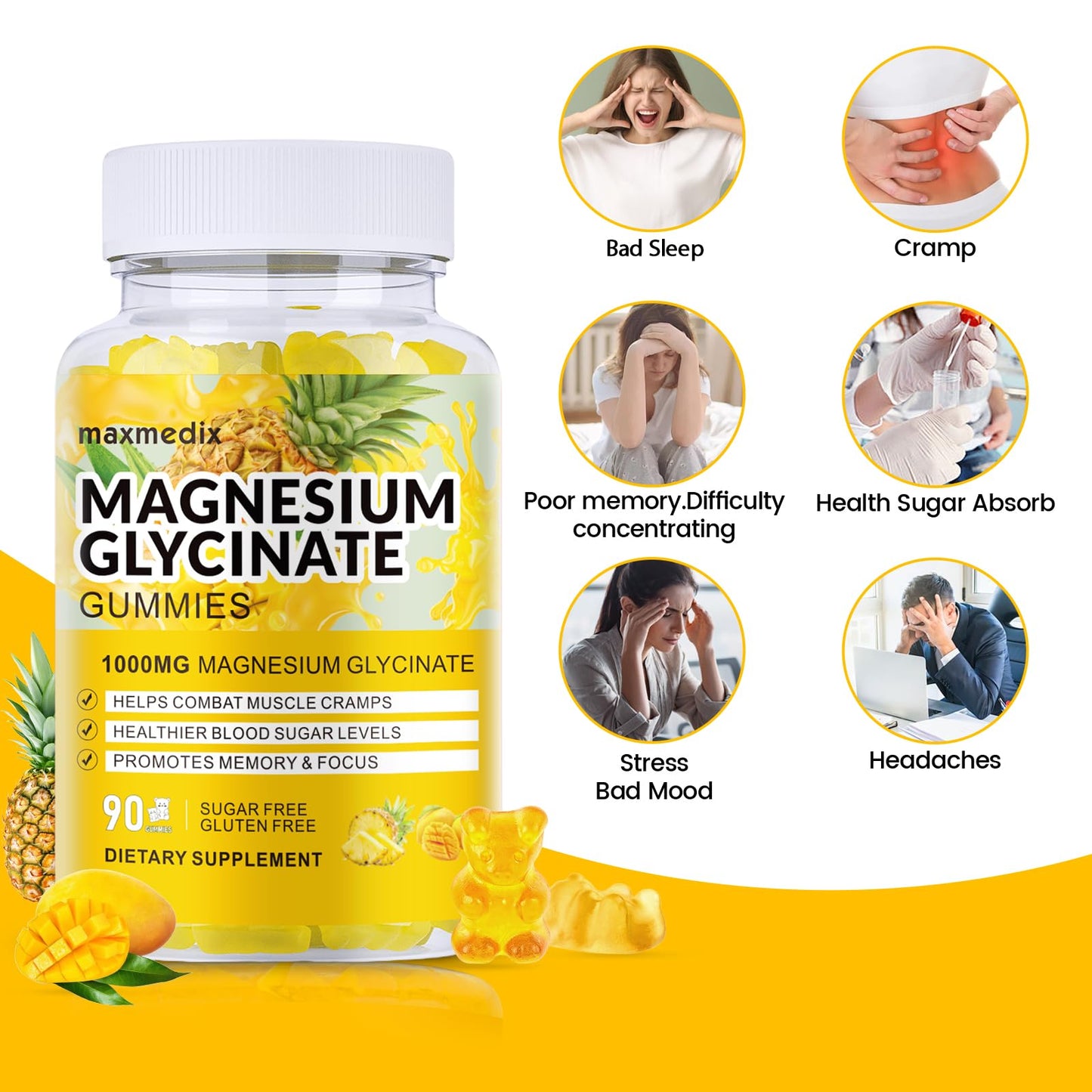 Magnesium Glycinate Gummies 1000mg – Sugar Free, Potassium Support (90 Mango Pineapple Gummies)