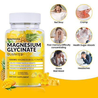 Magnesium Glycinate Gummies 1000mg – Sugar Free, Potassium Support (90 Mango Pineapple Gummies)
