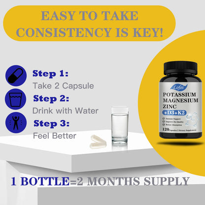 Potassium Magnesium Zinc Supplement with Vitamin D3 & K2 – Immune Support for Women & Men | 120 Veg Capsules | Non-GMO