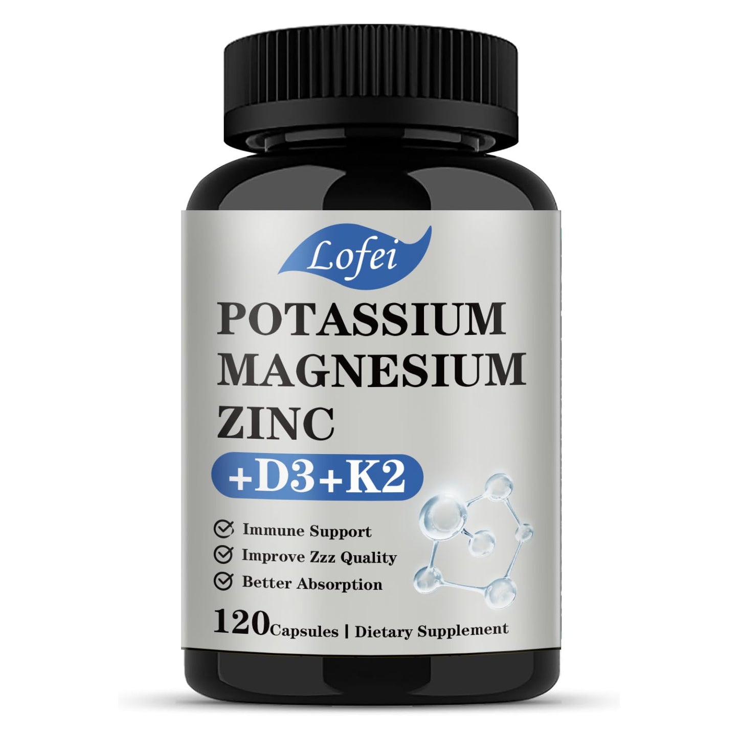 Potassium Magnesium Zinc Supplement with Vitamin D3 & K2 – Immune Support for Women & Men | 120 Veg Capsules | Non-GMO