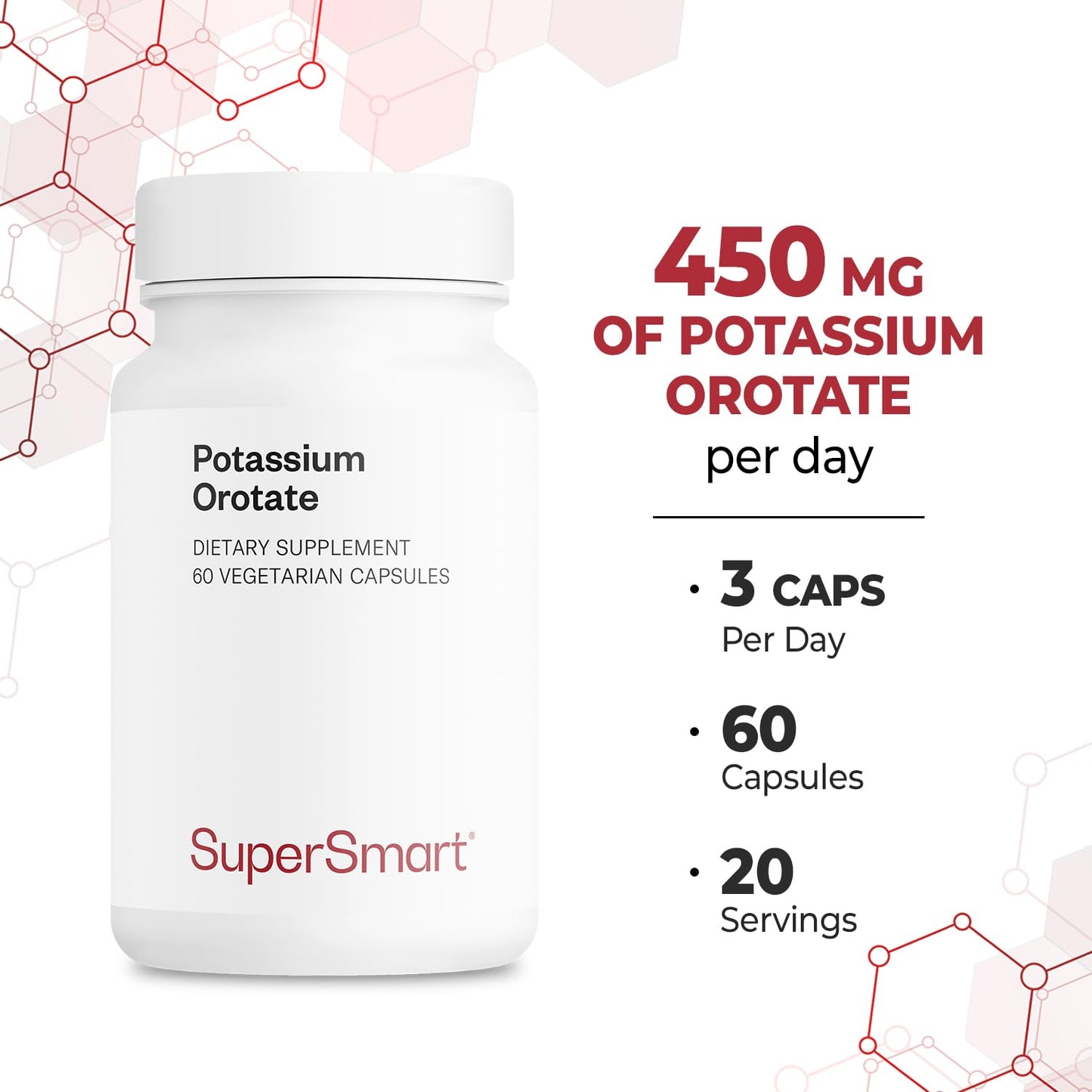 SuperSmart Potassium Orotate Supplement 450mg per Day (Enhanced Absorption) - Potassium with Orotic Acid | Non-GMO & Gluten Free - 60 Vegetarian Capsules
