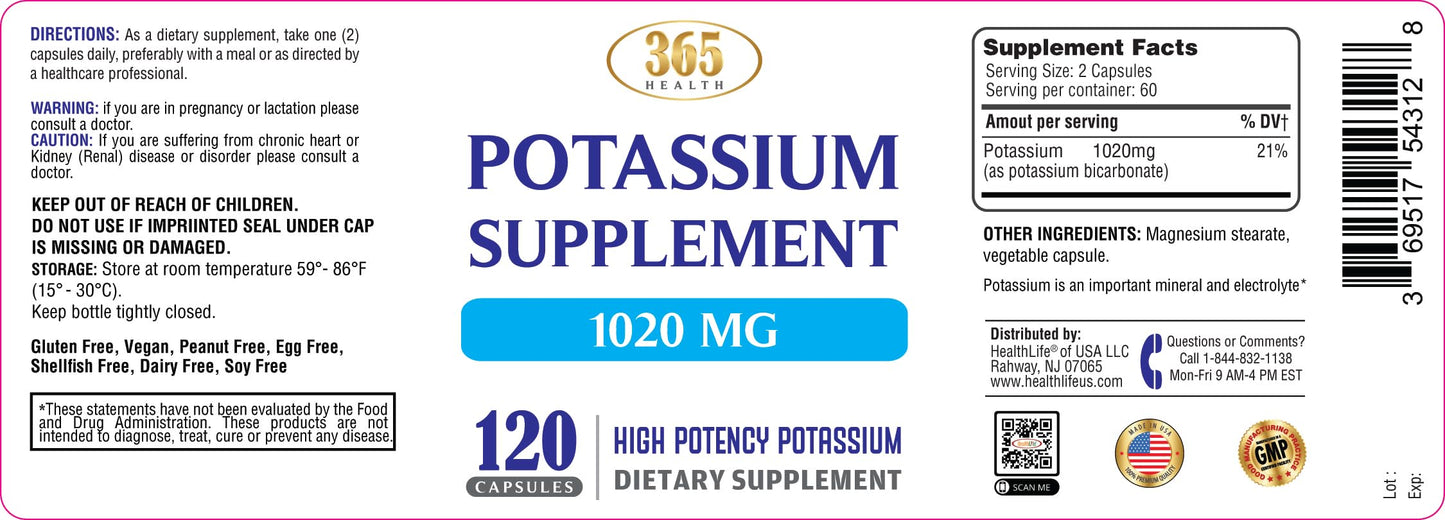 365 Health Potassium Supplement 1020 mg | Potassium Bicarbonate | Non-GMO | Gluten Free | Made in USA | 120 Vegetarian Capsules