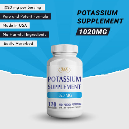 365 Health Potassium Supplement 1020 mg | Potassium Bicarbonate | Non-GMO | Gluten Free | Made in USA | 120 Vegetarian Capsules