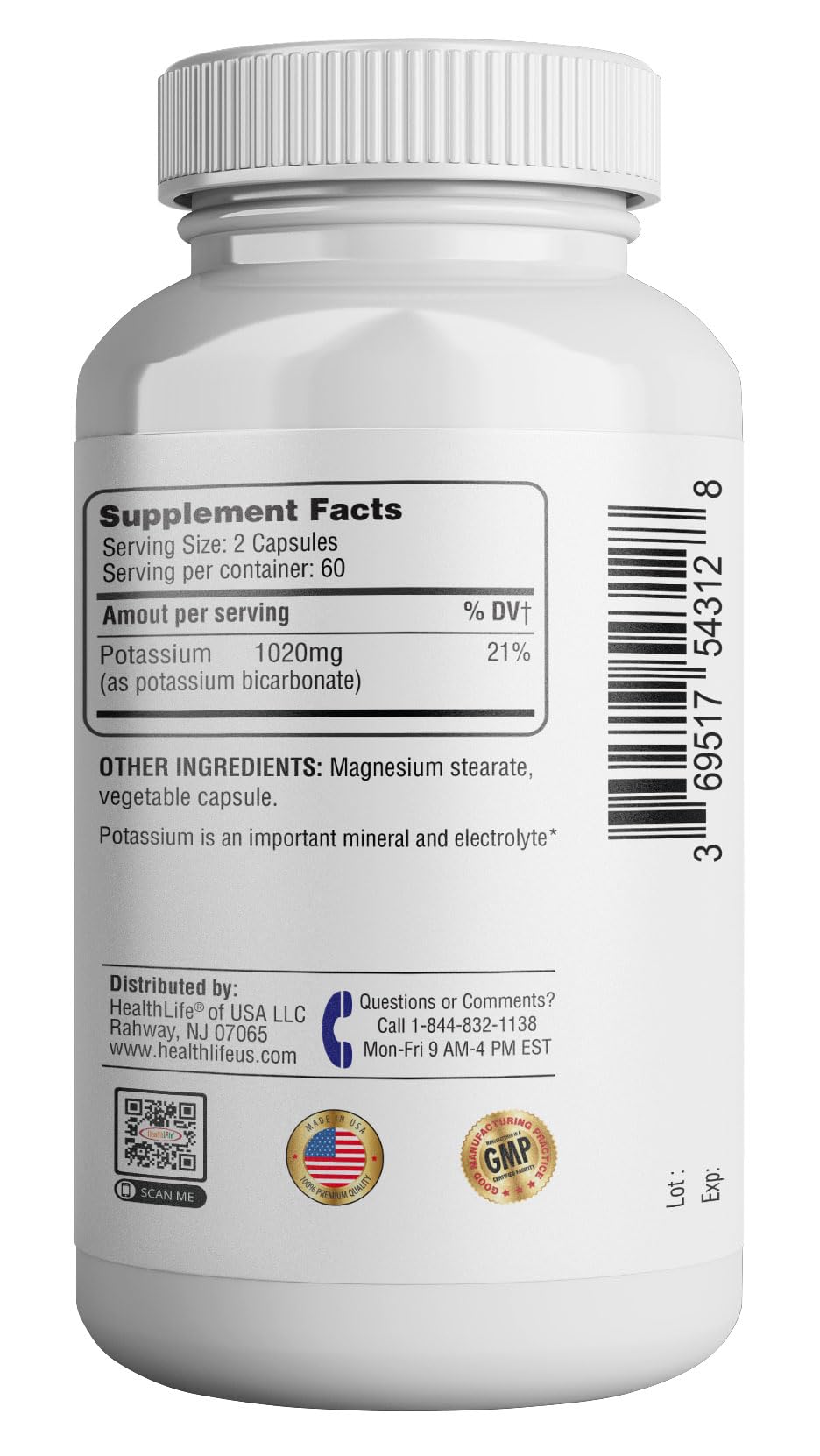 365 Health Potassium Supplement 1020 mg | Potassium Bicarbonate | Non-GMO | Gluten Free | Made in USA | 120 Vegetarian Capsules