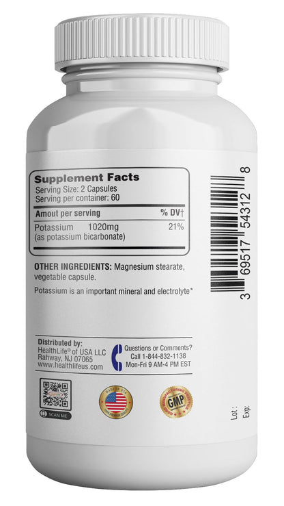 365 Health Potassium Supplement 1020 mg | Potassium Bicarbonate | Non-GMO | Gluten Free | Made in USA | 120 Vegetarian Capsules