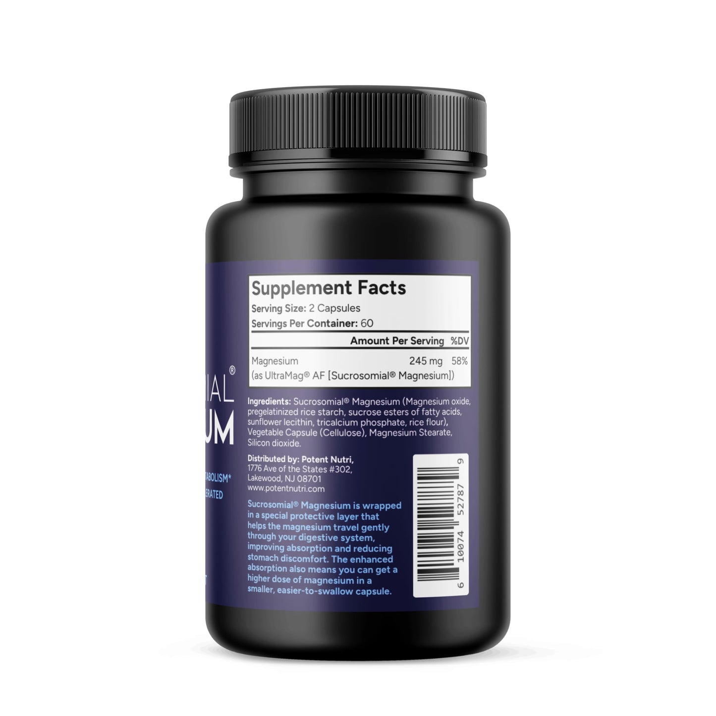 Potent Nutri Sucrosomial Magnesium – 245 mg in Two Capsules, 60 Vegan Safe, Made in USA