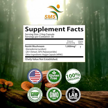 Potent Pure 15:1 Ganoderma Lucidum Extract 1000mg | Reishi (Vegan, Non-GMO, Gluten Free) Immune Support | 60 Veggie Capsules