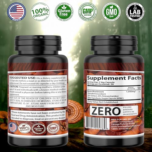 Potent Pure 15:1 Ganoderma Lucidum Extract 1000mg | Reishi (Vegan, Non-GMO, Gluten Free) Immune Support | 60 Veggie Capsules