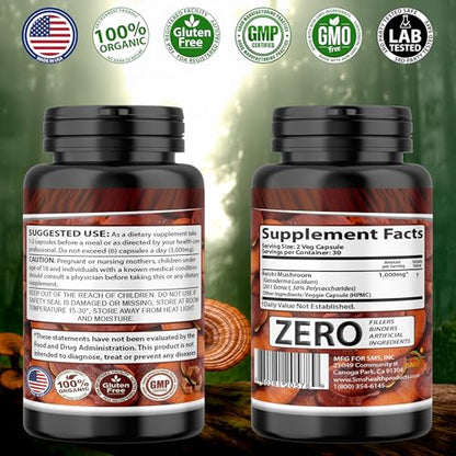 Potent Pure 15:1 Ganoderma Lucidum Extract 1000mg | Reishi (Vegan, Non-GMO, Gluten Free) Immune Support | 60 Veggie Capsules