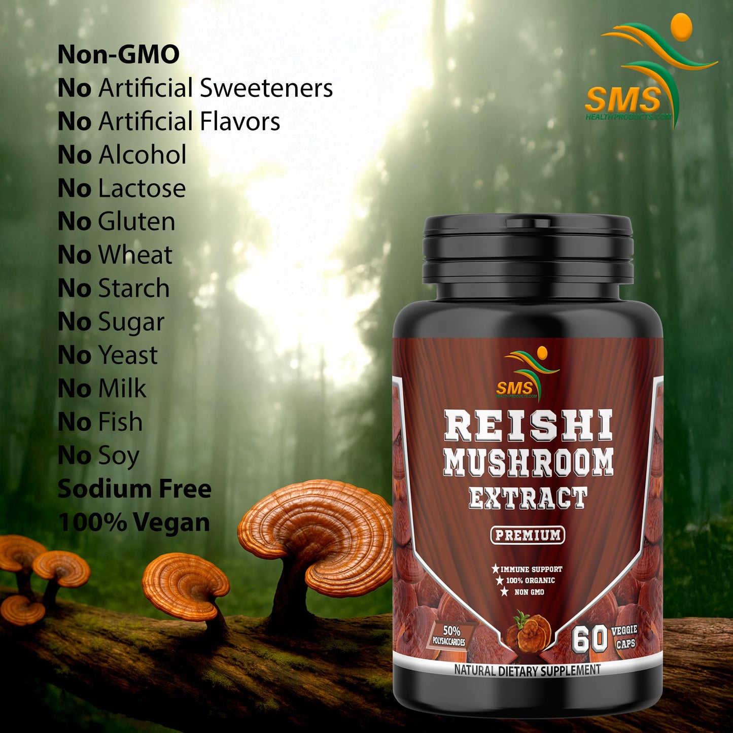 Potent Pure 15:1 Ganoderma Lucidum Extract 1000mg | Reishi (Vegan, Non-GMO, Gluten Free) Immune Support | 60 Veggie Capsules