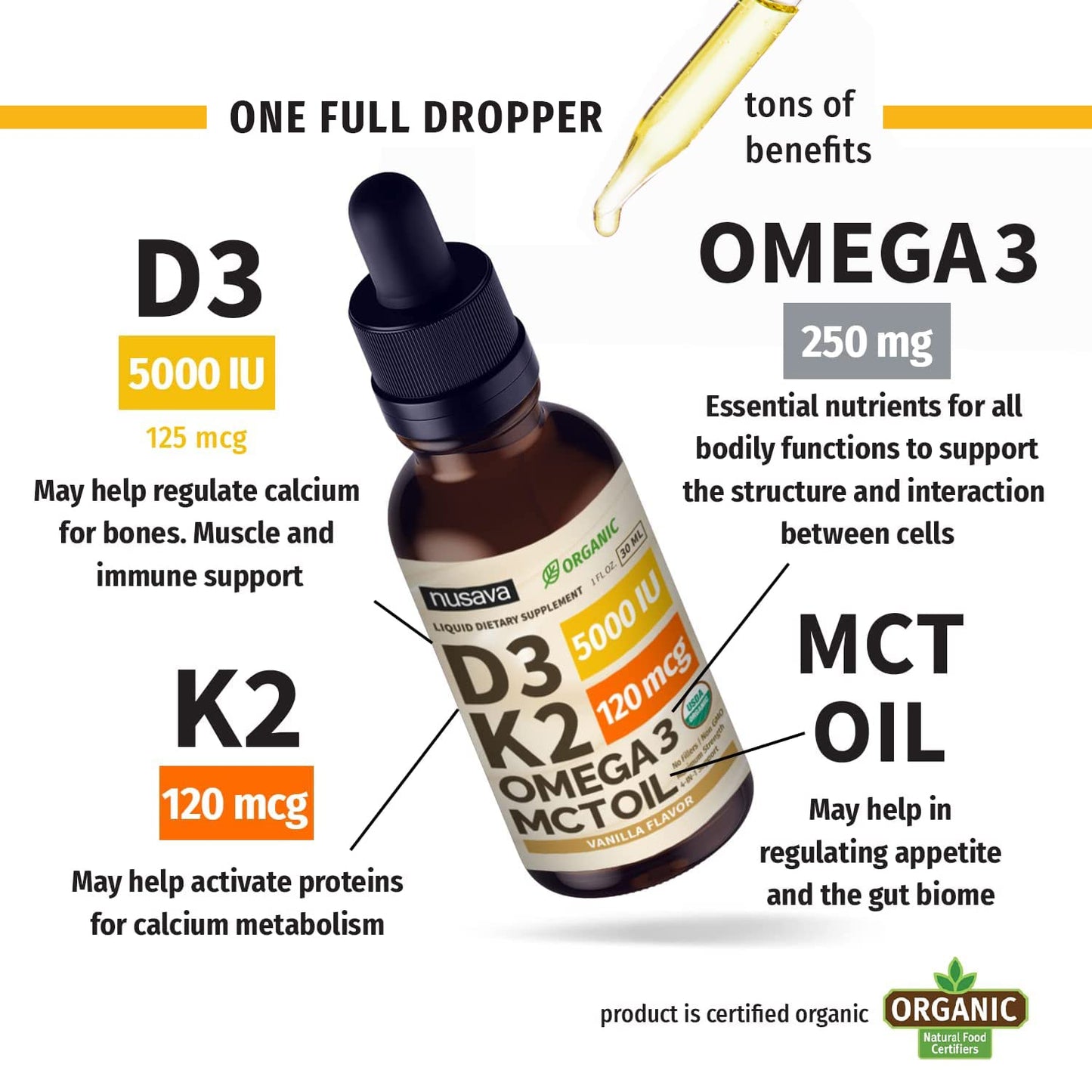 (2 Pack) Organic Vitamin D3 K2 Drops with MCT Oil | 5000 IU, Non-GMO, Vanilla
