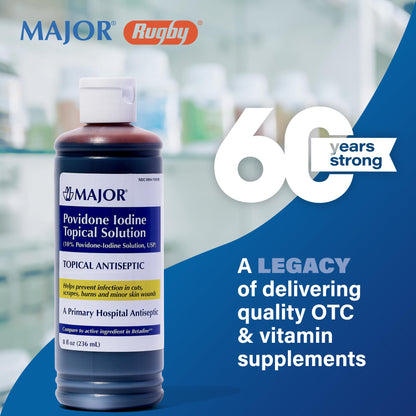 Major 10% Povidone-Iodine Topical Solution USP – Antiseptic for Cuts, Scrapes, Burns, and Minor Wounds, 8 fl oz (1 Pack)