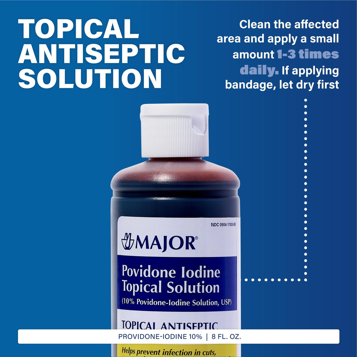 Major 10% Povidone-Iodine Topical Solution USP – Antiseptic for Cuts, Scrapes, Burns, and Minor Wounds, 8 fl oz (1 Pack)