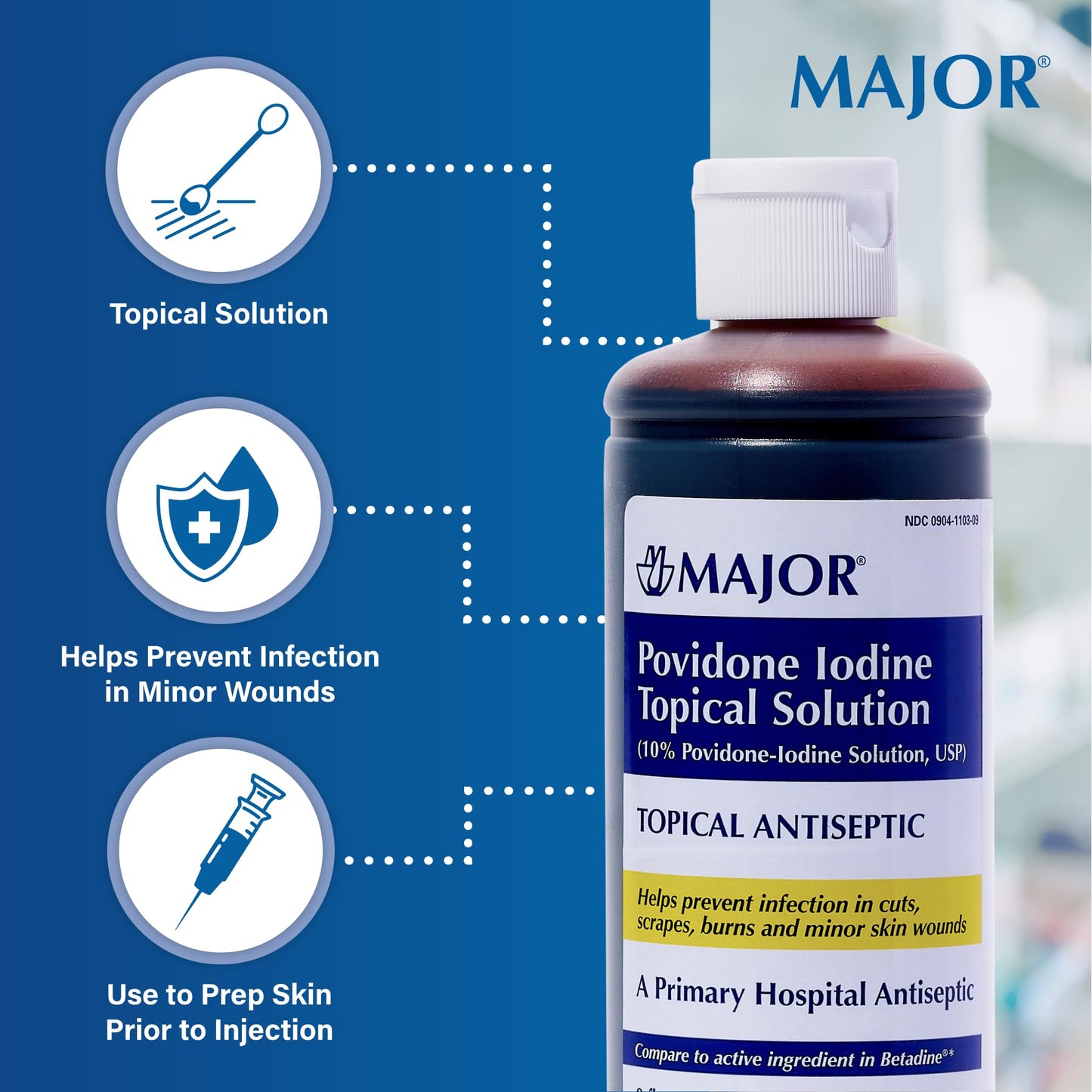 Major 10% Povidone-Iodine Topical Solution USP – Antiseptic for Cuts, Scrapes, Burns, and Minor Wounds, 8 fl oz (1 Pack)