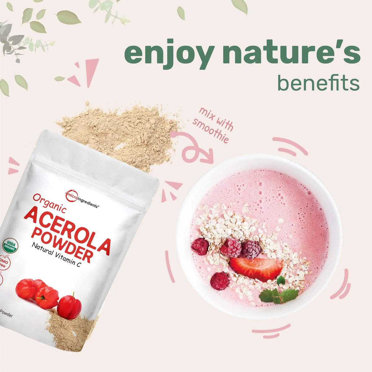 2 Pack Pure USDA Organic Acerola Cherry Powder — Natural Vitamin C, 8 oz | Brazil Origin | No GMOs BritishVita | Premium UK Vitamins & Wellness Supplements