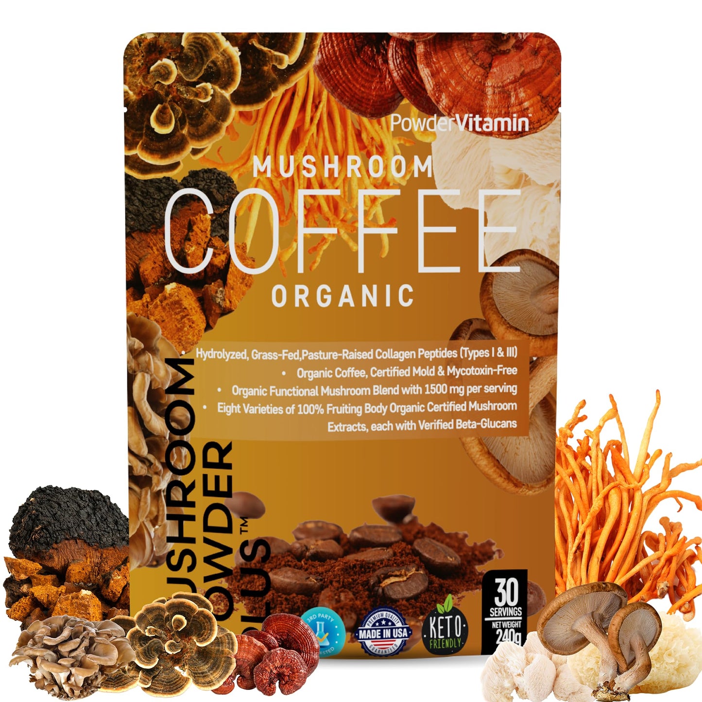 PowderVitamin Organic Mushroom Coffee with Grass-Fed Collagen Energy
