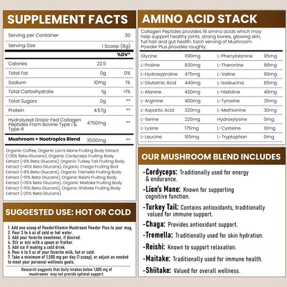 PowderVitamin Organic Mushroom Coffee with Grass-Fed Collagen Energy