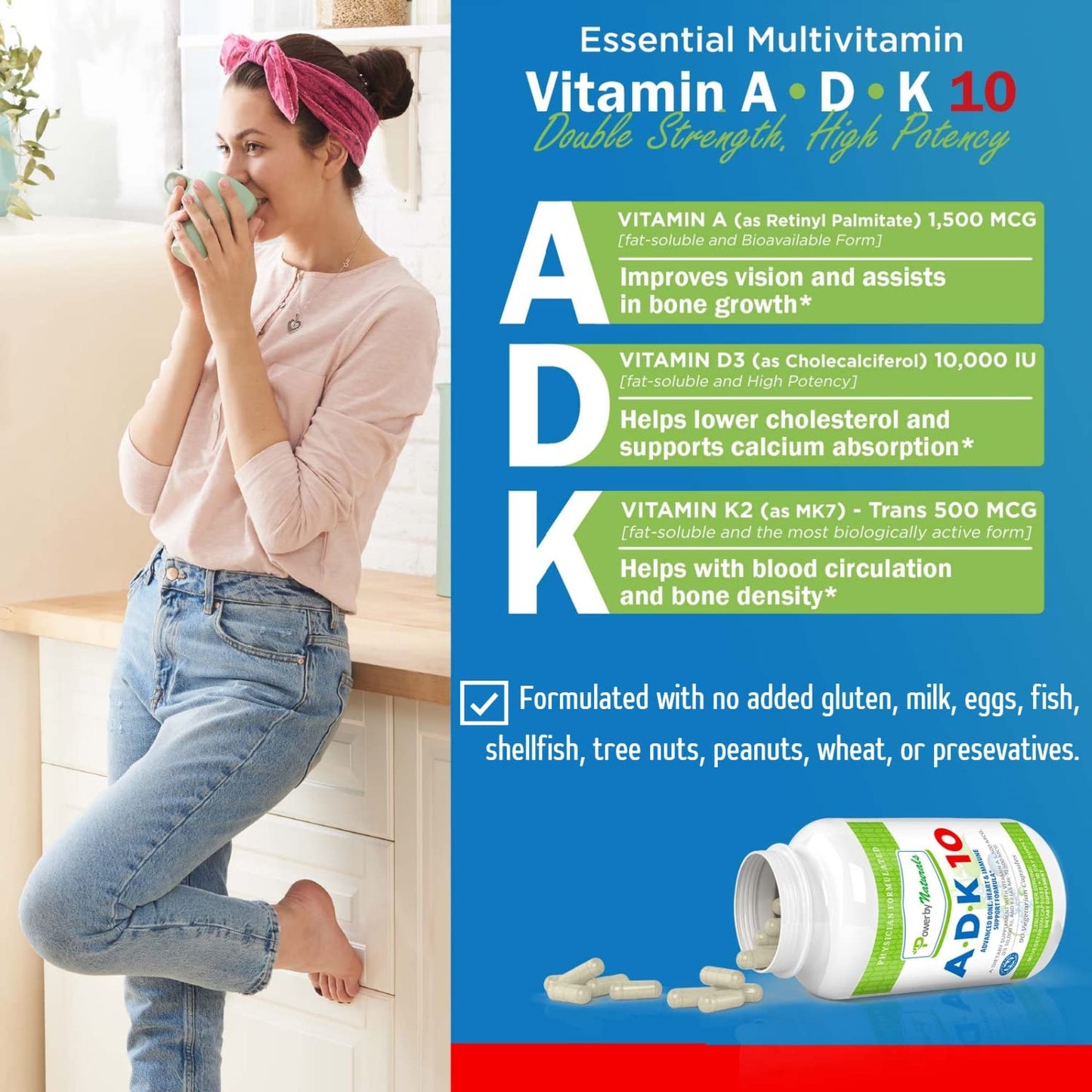 Power By Naturals ADK 10 – High Potency Vitamin A D3 K2 (90 Caps, 2-Pack)