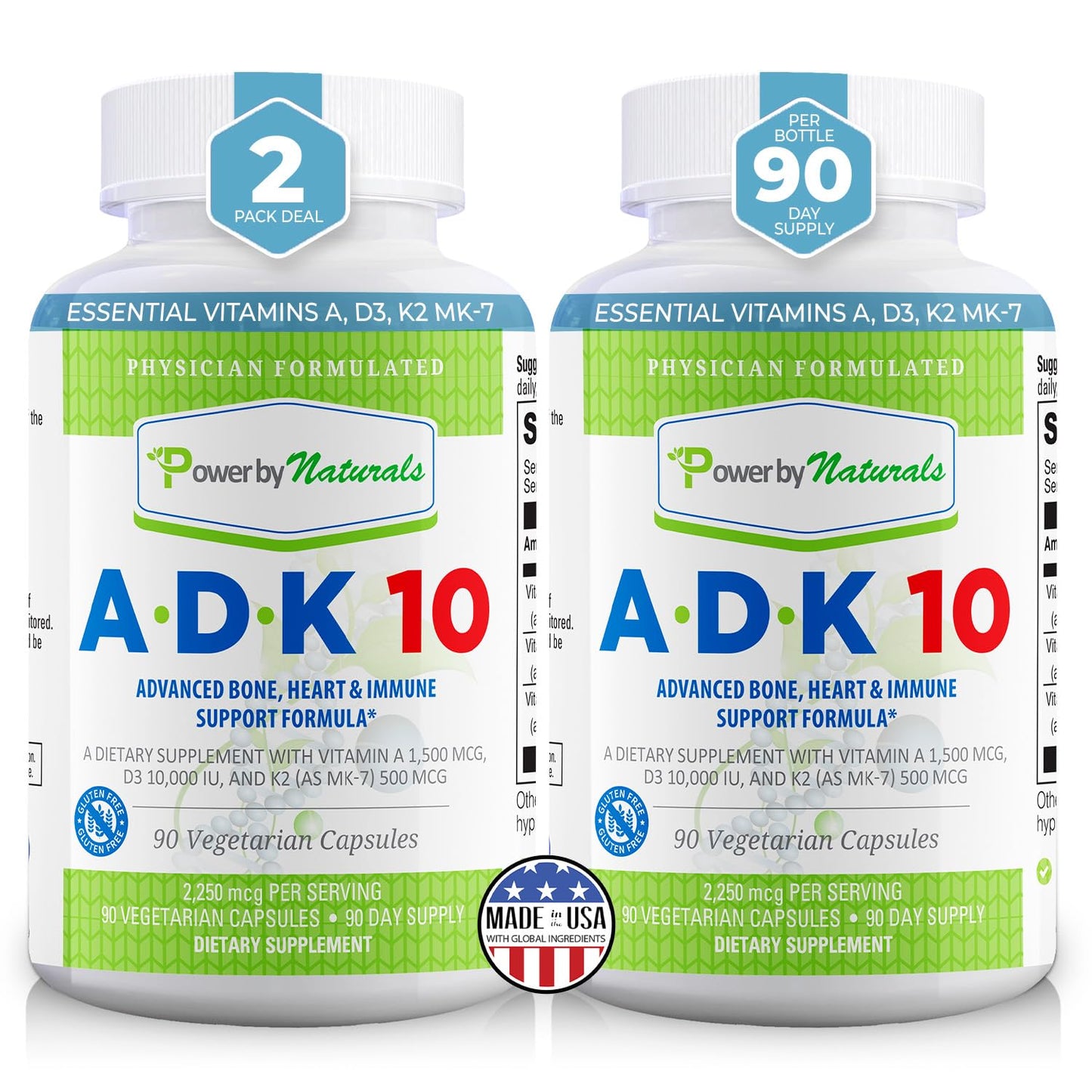 Power By Naturals ADK 10 – High Potency Vitamin A D3 K2 (90 Caps, 2-Pack)