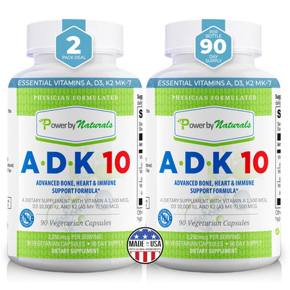 Power By Naturals ADK 10 – High Potency Vitamin A D3 K2 (90 Caps, 2-Pack)